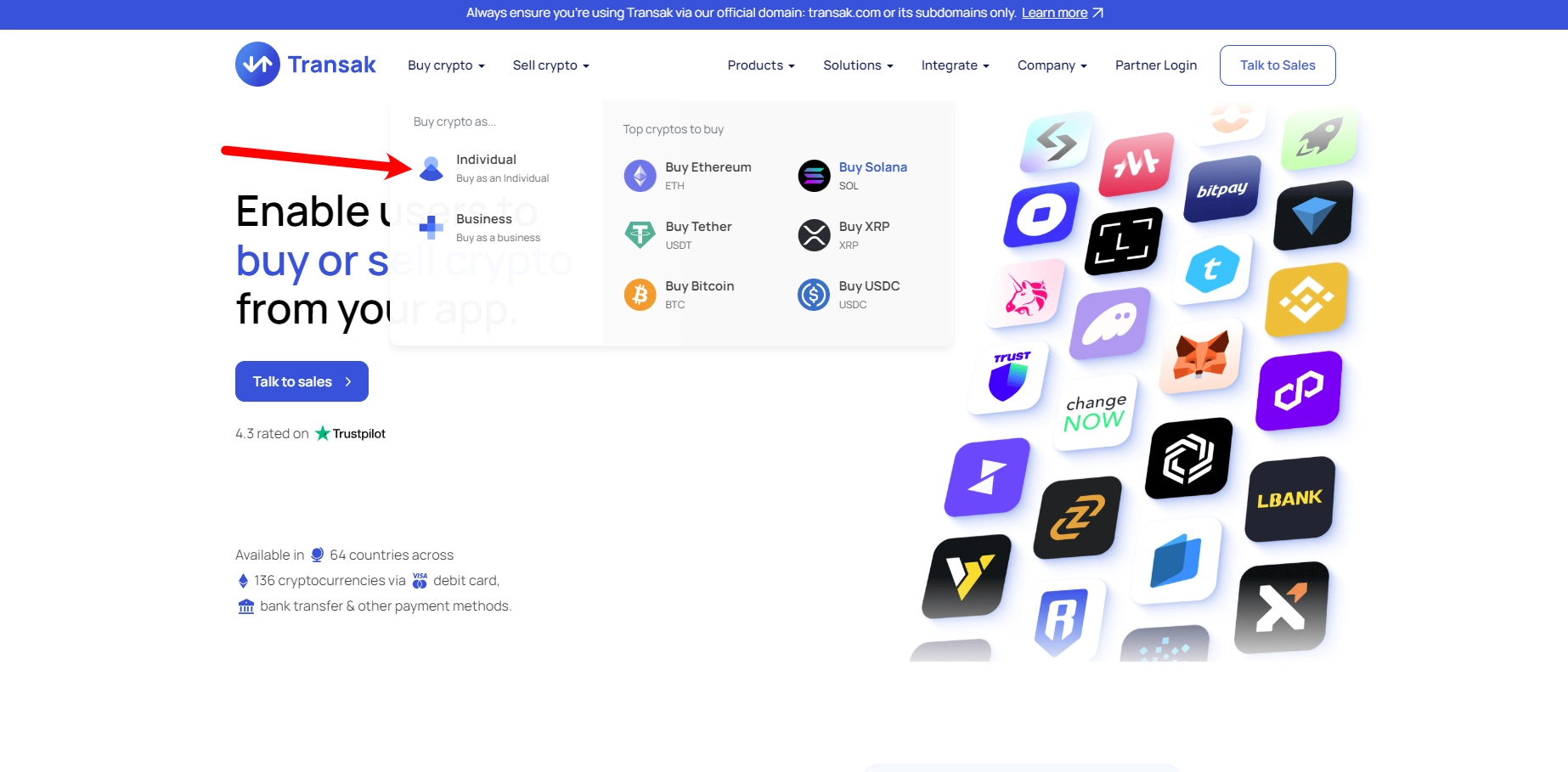Purchase crypto with Transak