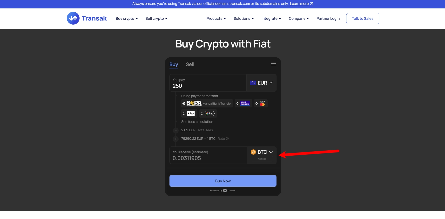 Purchase crypto with Transak